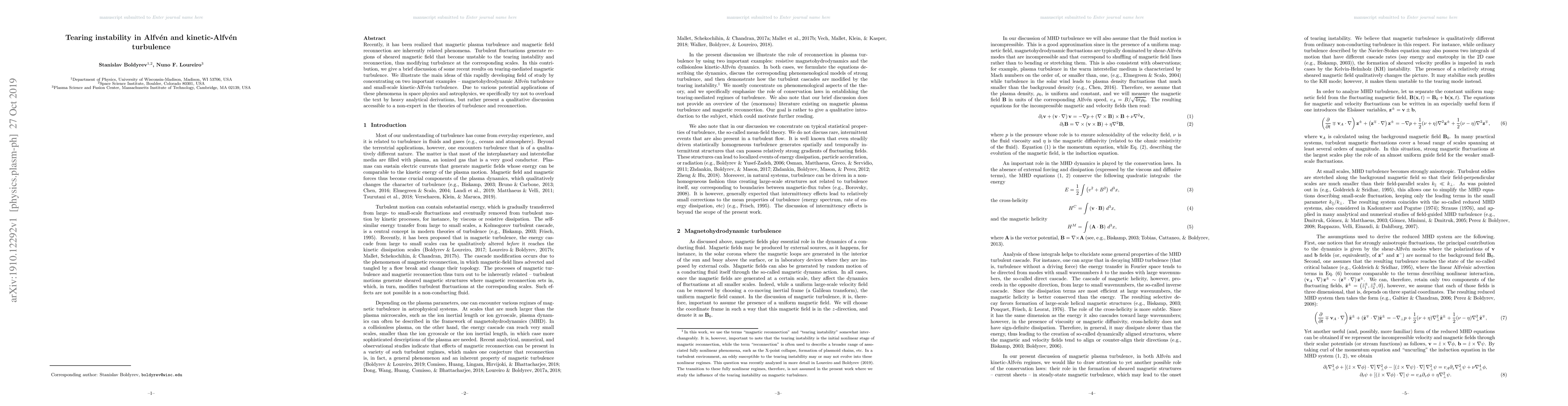 Thumbnail for Tearing instability in Alfv\'en and kinetic-Alfv\'en turbulence