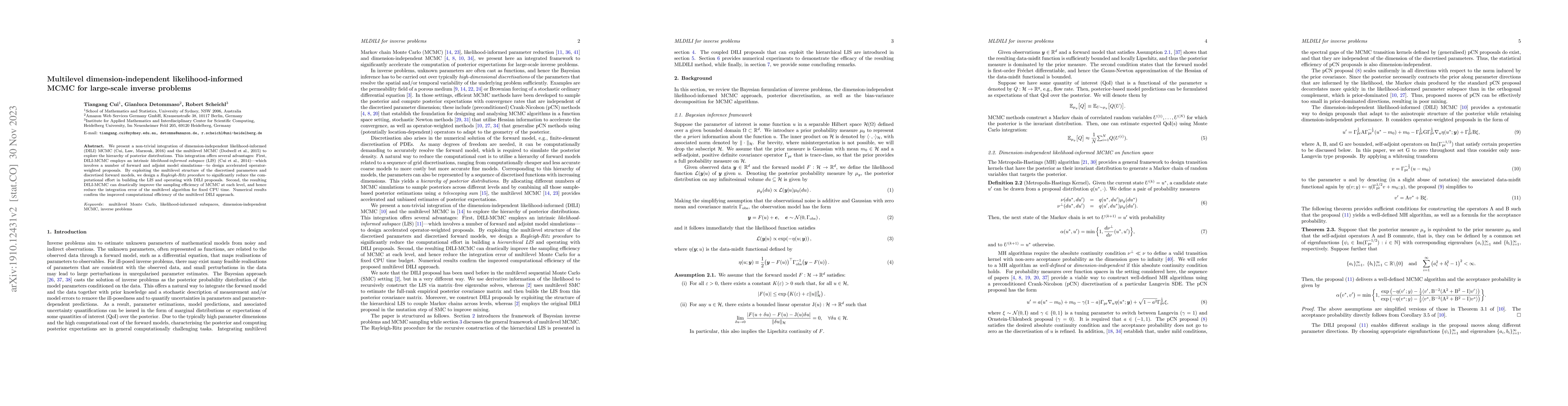 Thumbnail for Multilevel Dimension-Independent Likelihood-Informed MCMC for
  Large-Scale Inverse Problems