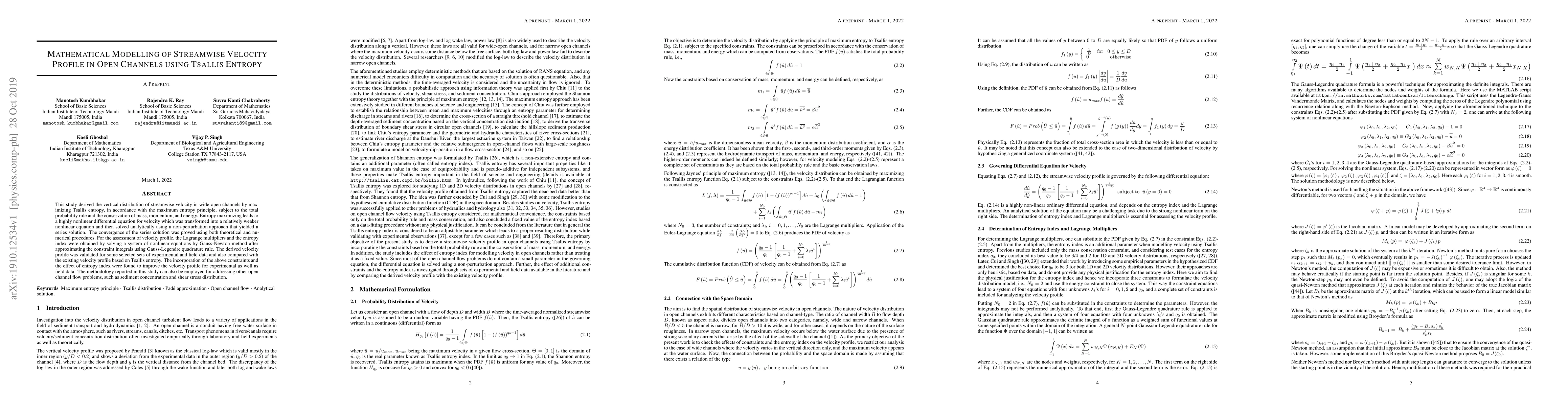 Thumbnail for Mathematical Modelling of Streamwise Velocity Profile in Open Channels
  Using Tsallis Entropy
