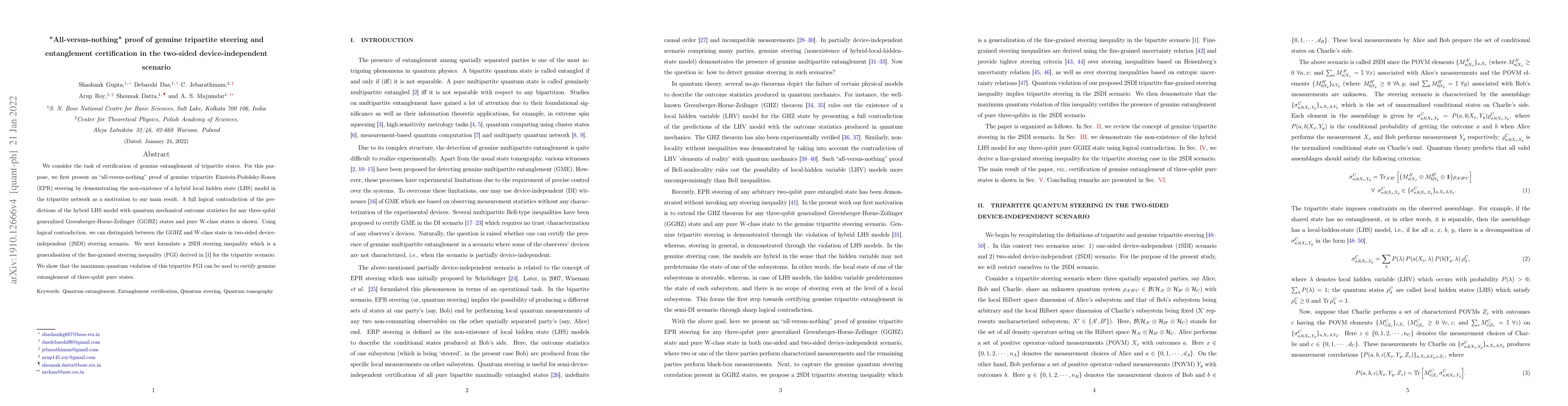 Thumbnail for "All-versus-nothing" proof of genuine tripartite steering and
  entanglement certification in the two-sided device-independent scenario
