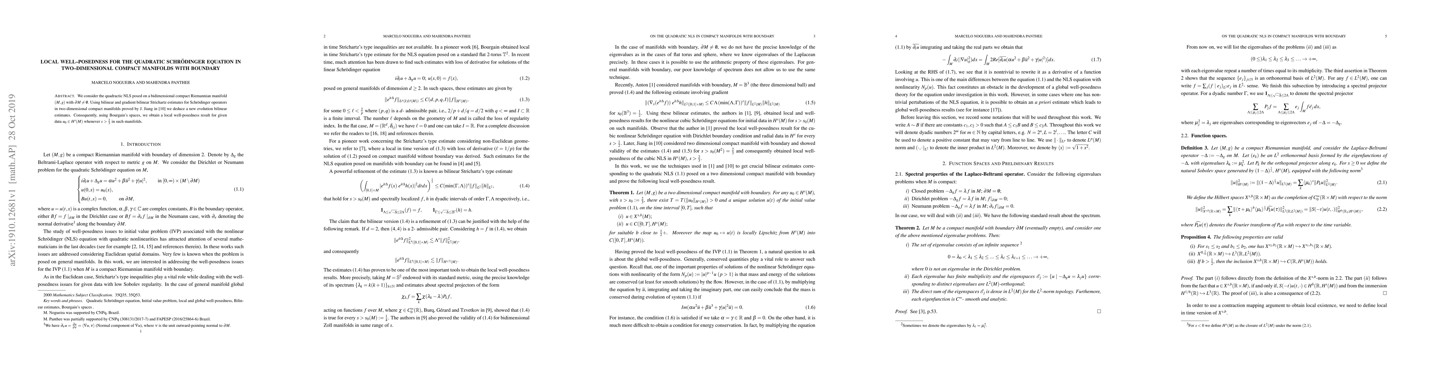 Thumbnail for Local well-posedness for the quadratic Schrodinger equation in
  two-dimensional compact manifolds with boundary
