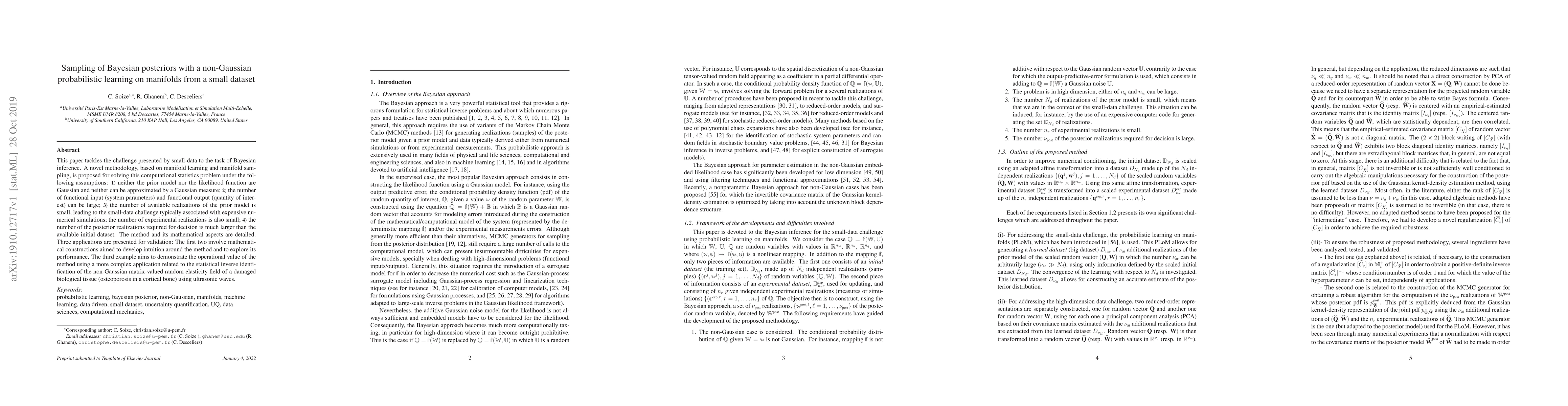 Thumbnail for Sampling of Bayesian posteriors with a non-Gaussian probabilistic
  learning on manifolds from a small dataset