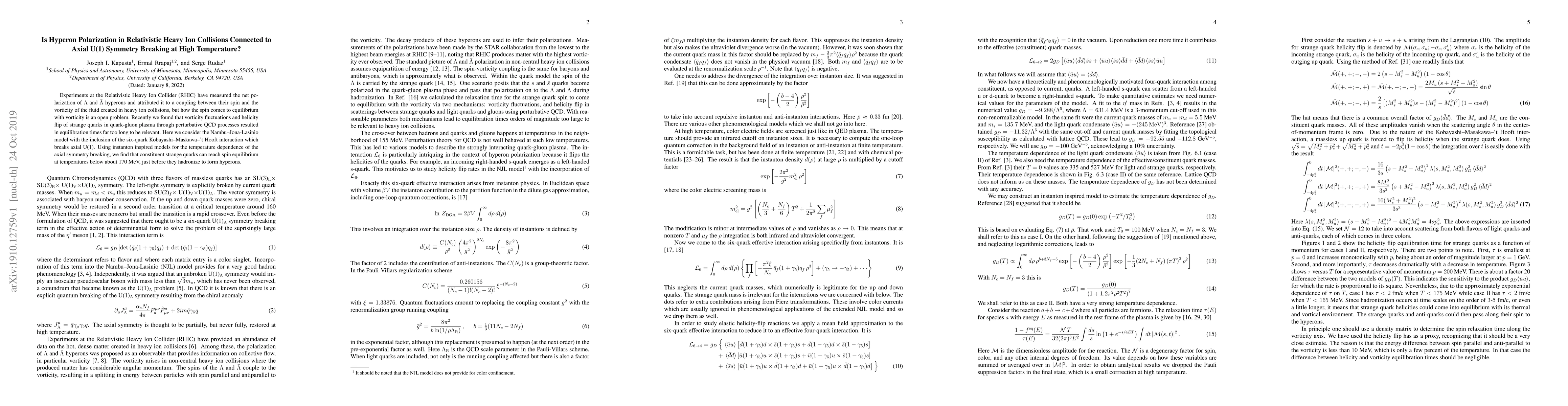 Thumbnail for Is Hyperon Polarization in Relativistic Heavy Ion Collisions Connected
  to Axial U(1) Symmetry Breaking at High Temperature?