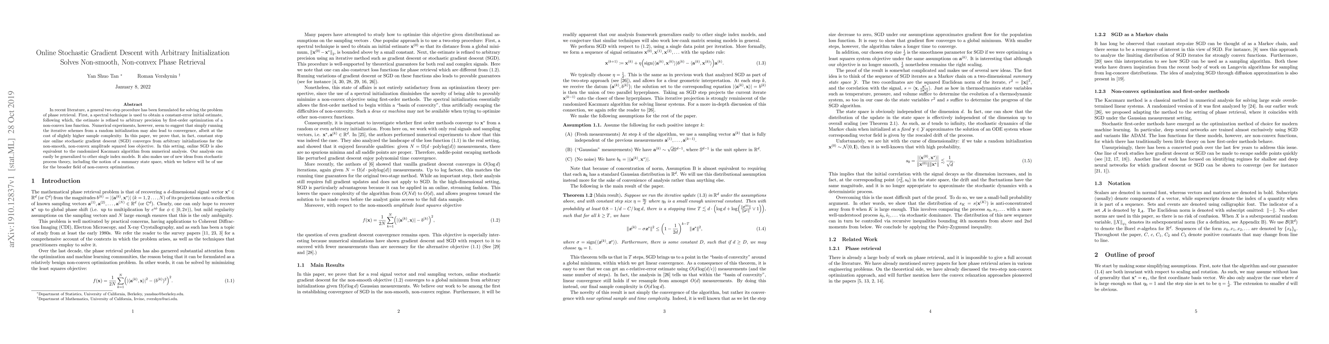Thumbnail for Online Stochastic Gradient Descent with Arbitrary Initialization Solves
  Non-smooth, Non-convex Phase Retrieval