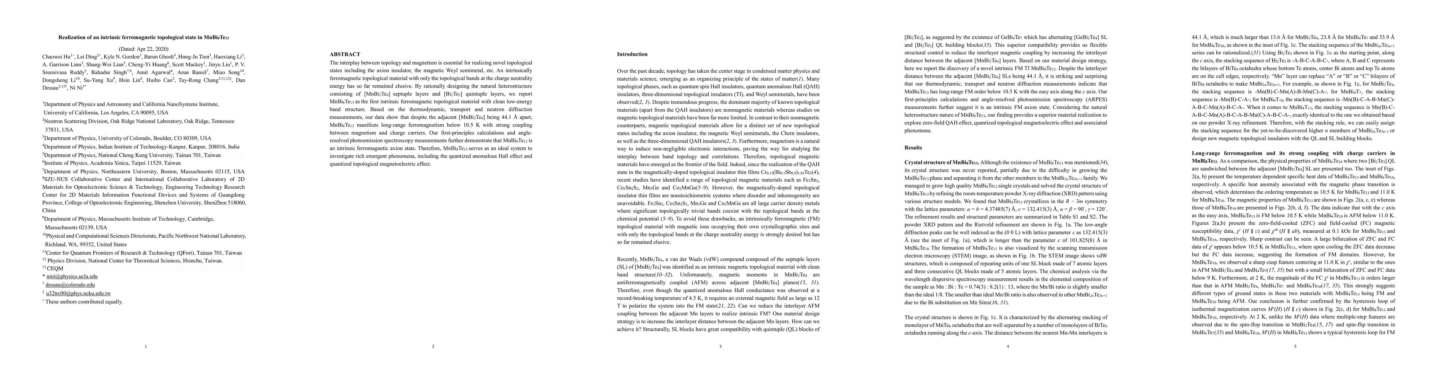 Thumbnail for Realization of an intrinsic, ferromagnetic topological state in
  MnBi8Te13