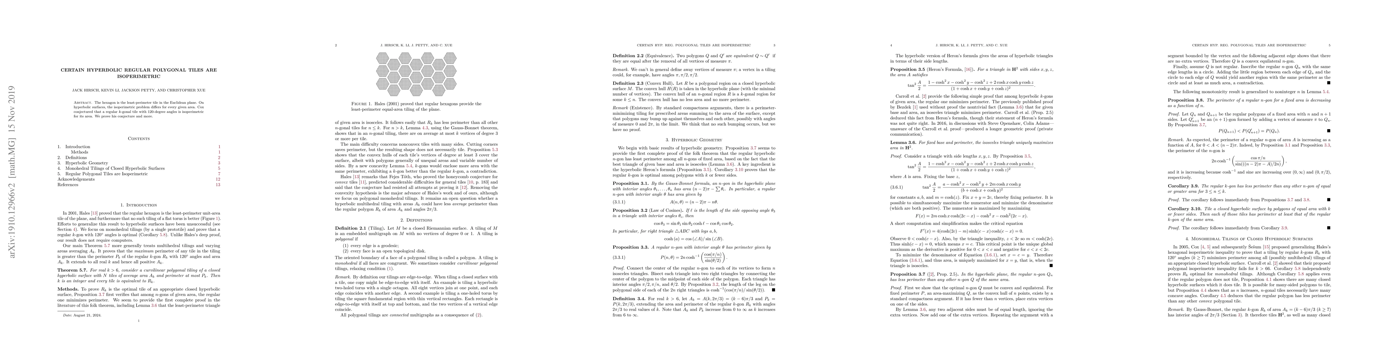 Thumbnail for Certain Hyperbolic Regular Polygonal Tiles are Isoperimetric