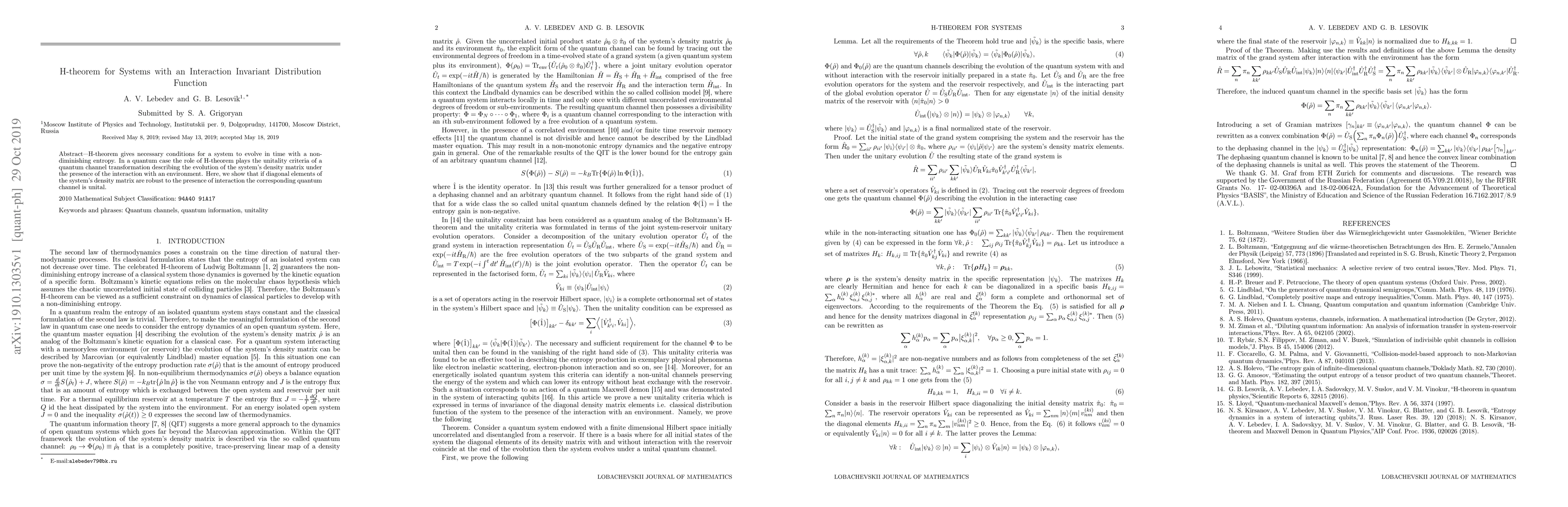 Thumbnail for H-theorem for Systems with an Interaction Invariant Distribution
  Function
