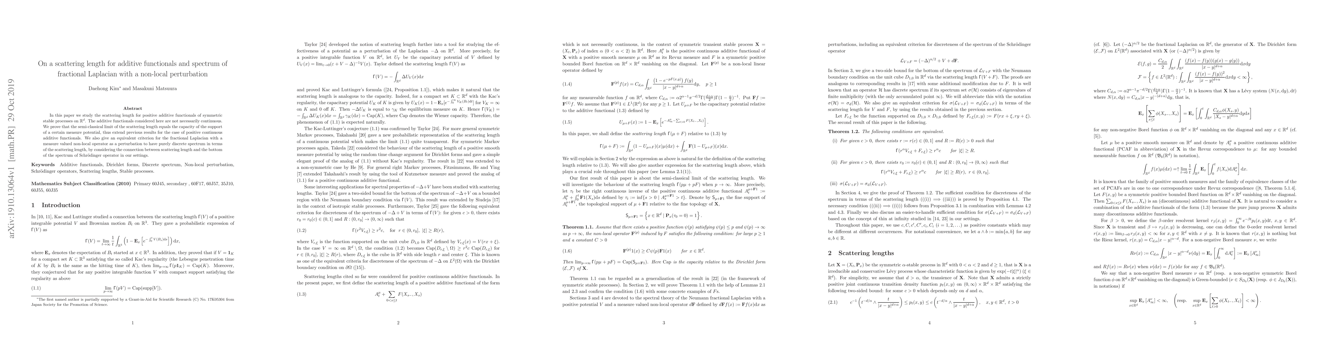 Thumbnail for On a scattering length for additive functionals and spectrum of
  fractional Laplacians with non-local perturbations
