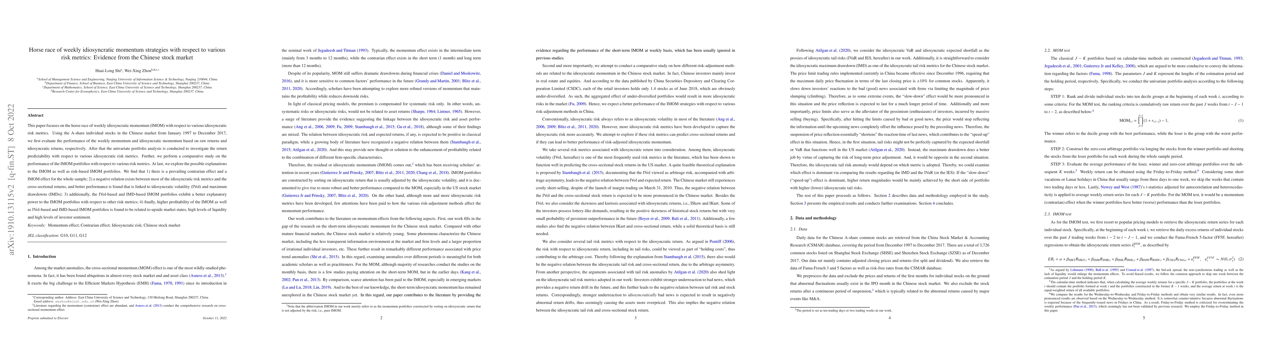 Thumbnail for Horse race of weekly idiosyncratic momentum strategies with respect to
  various risk metrics: Evidence from the Chinese stock market