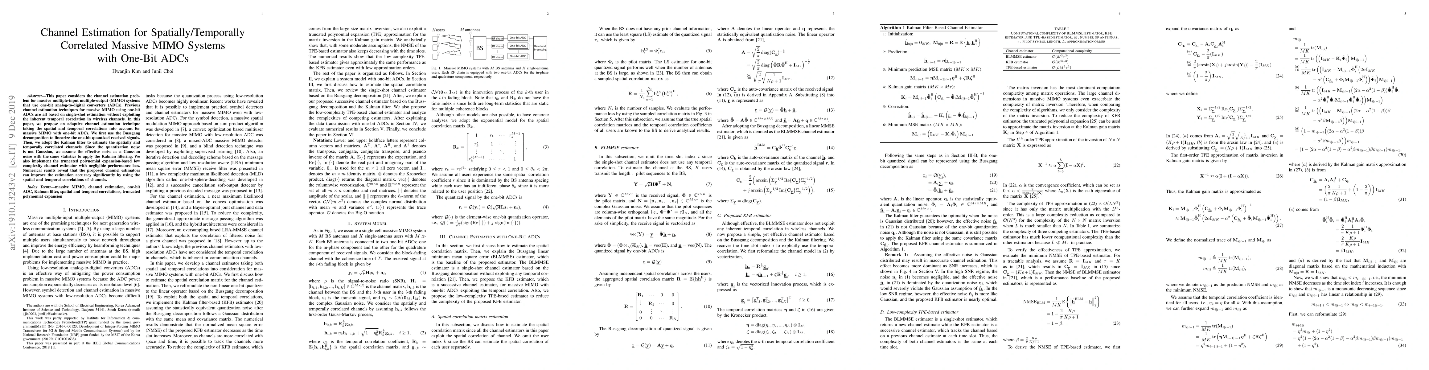 Thumbnail for Channel Estimation for Spatially/Temporally Correlated Massive MIMO
  Systems with One-Bit ADCs