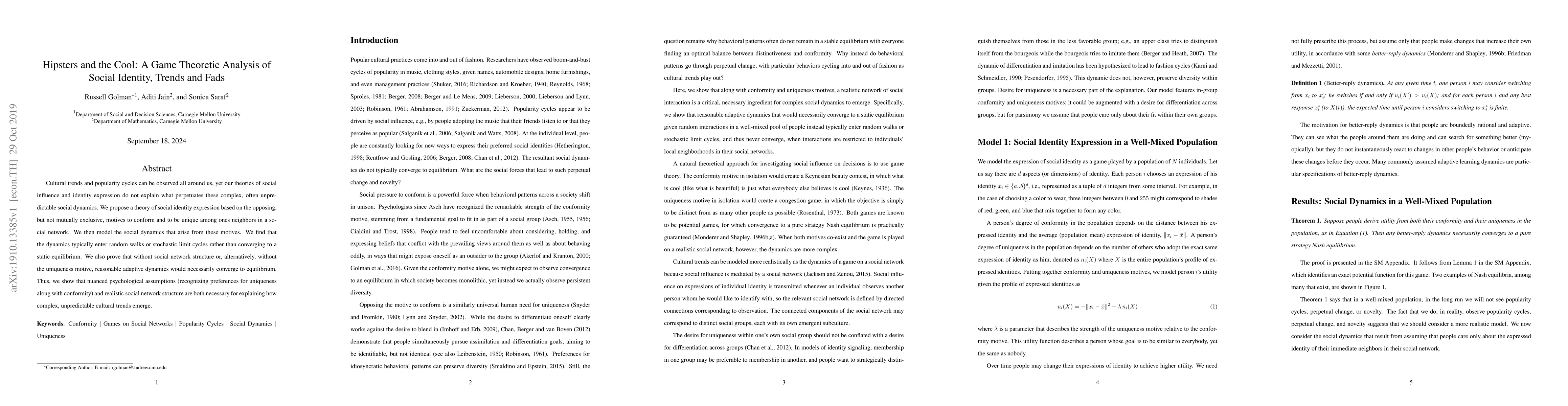 Thumbnail for Hipsters and the Cool: A Game Theoretic Analysis of Social Identity,
  Trends and Fads