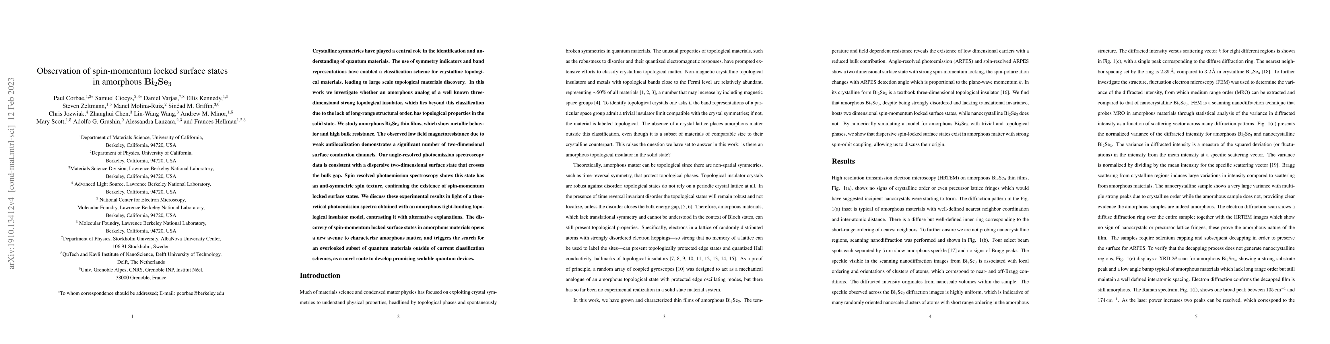 Thumbnail for Observation of spin-momentum locked surface states in amorphous
  Bi$_{2}$Se$_{3}$