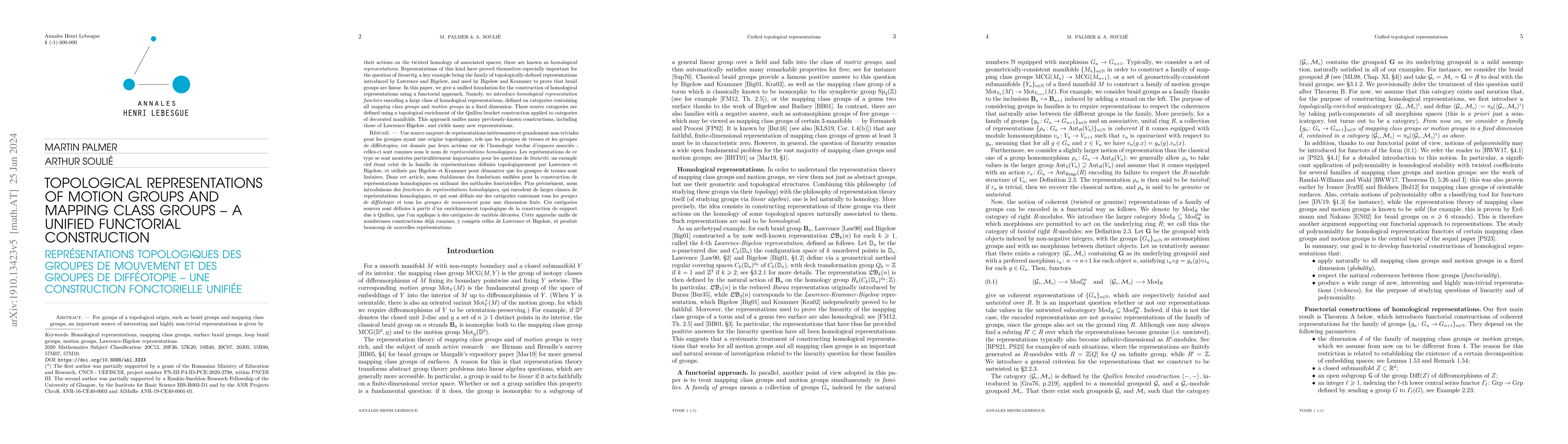 Thumbnail for Topological representations of motion groups and mapping class groups --
  a unified functorial construction