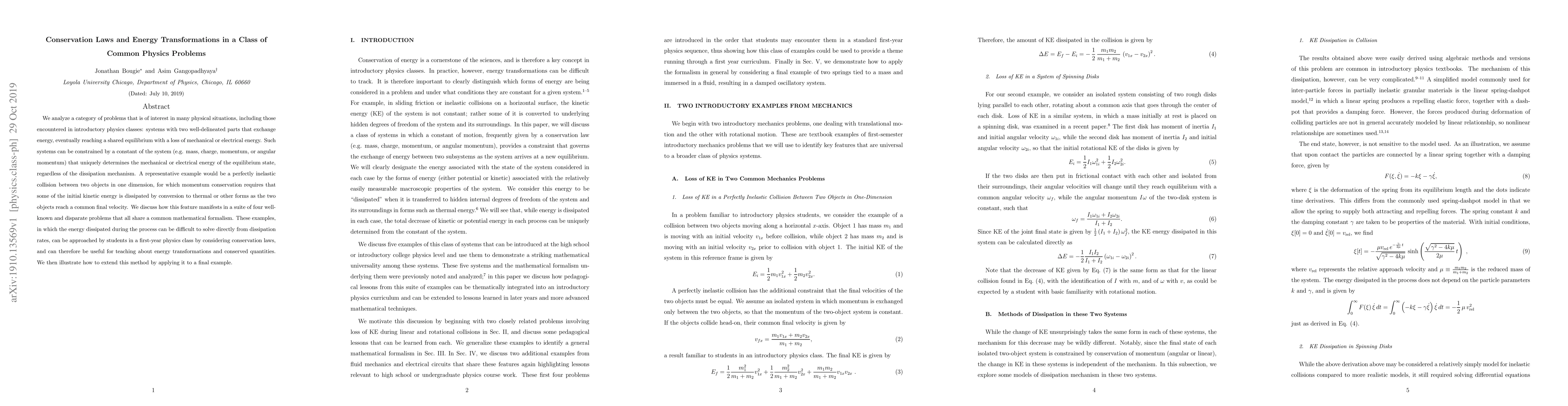 Thumbnail for Conservation laws and energy transformations in a class of common
  physics problems