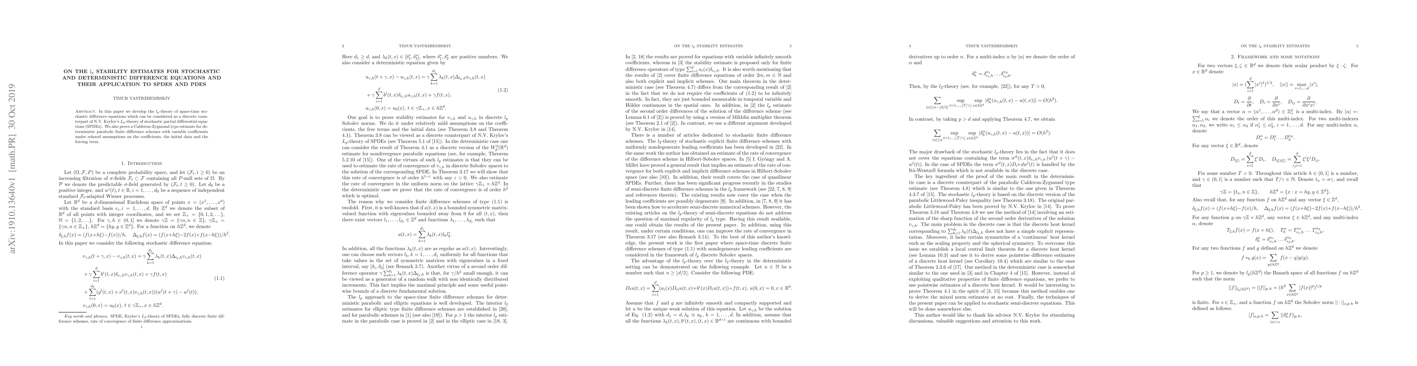 Thumbnail for On the $l_p$ stability estimates for stochastic and deterministic
  difference equations and their application to SPDEs and PDEs