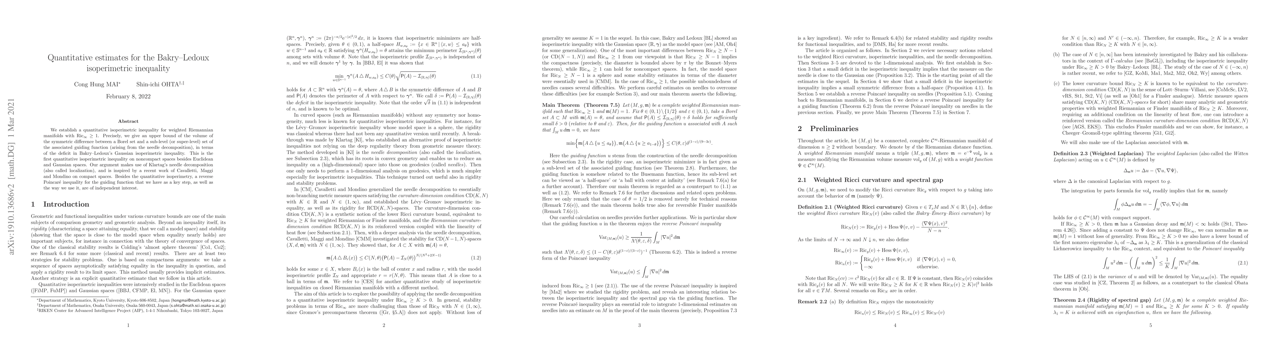 Thumbnail for Quantitative estimates for the Bakry-Ledoux isoperimetric inequality