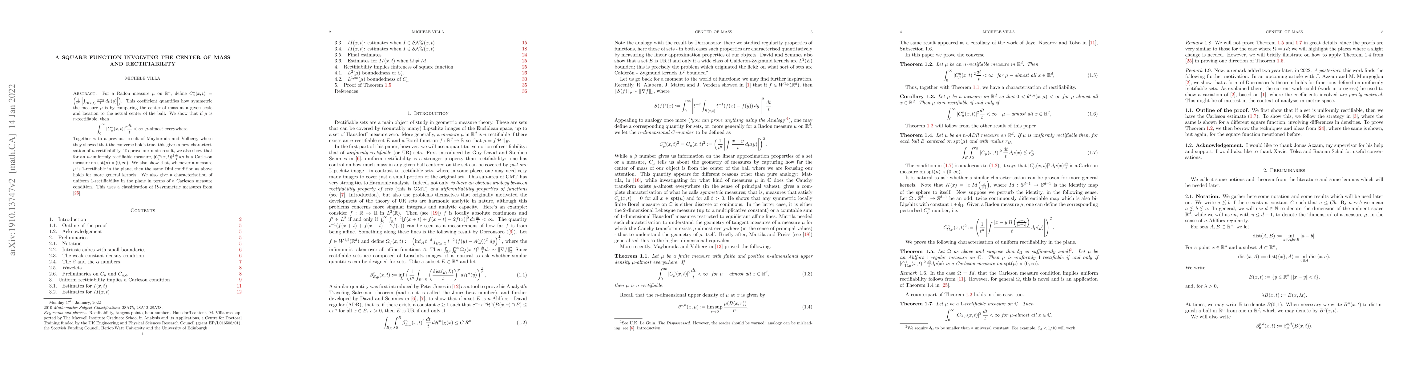 Thumbnail for A square function involving the center of mass and rectifiability