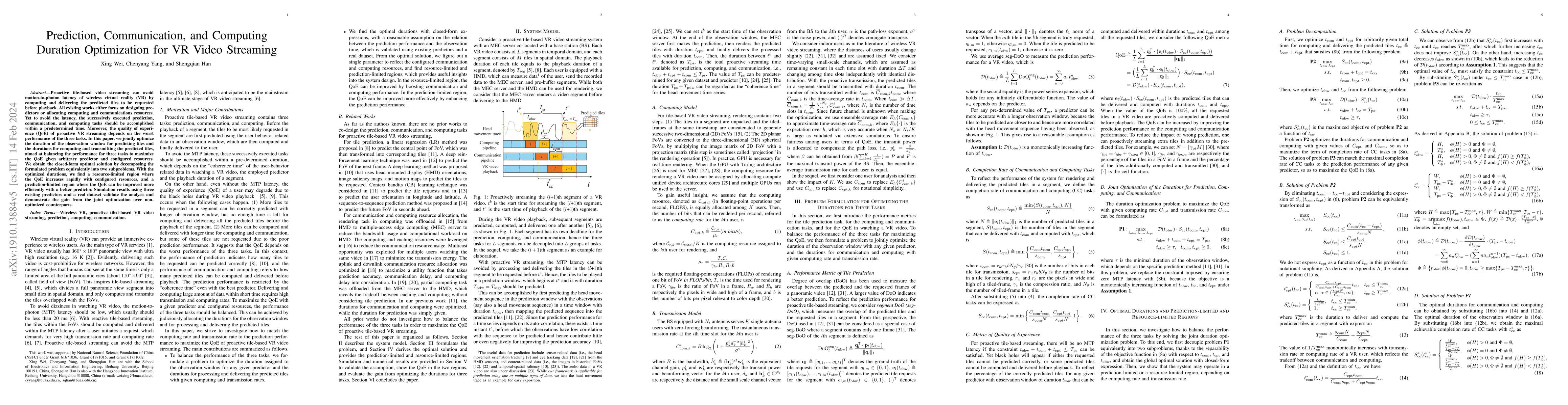 Thumbnail for Prediction, Communication, and Computing Duration Optimization for VR
  Video Streaming