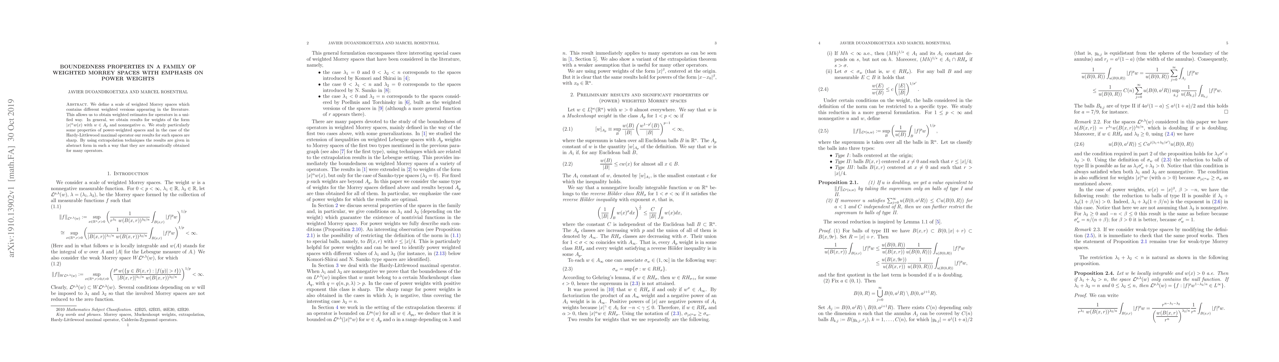 Thumbnail for Boundedness properties in a family of weighted Morrey spaces with
  emphasis on power weights