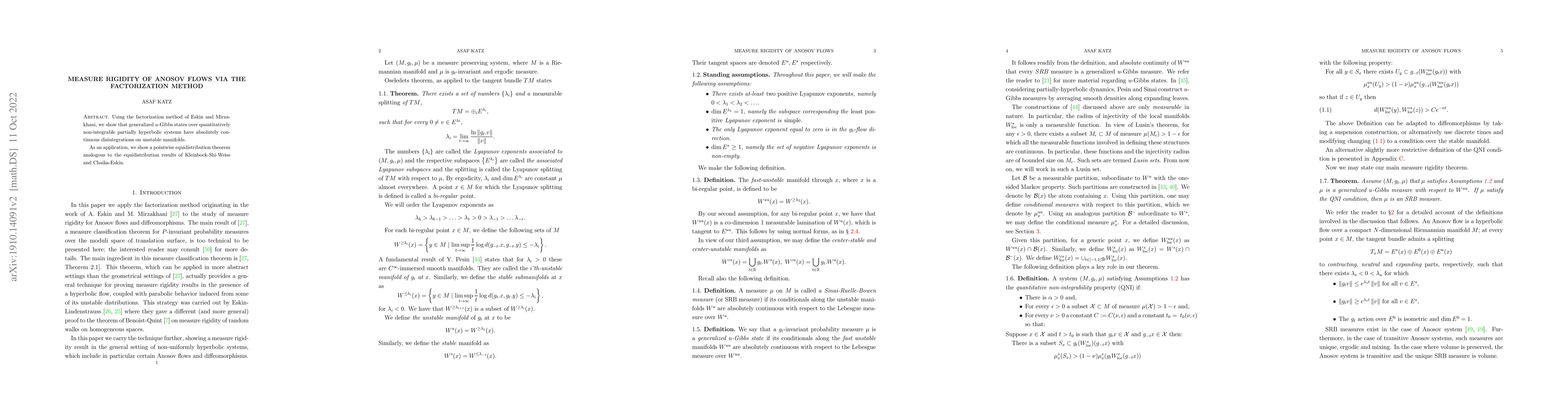 Thumbnail for Measure rigidity of Anosov flows via the factorization method