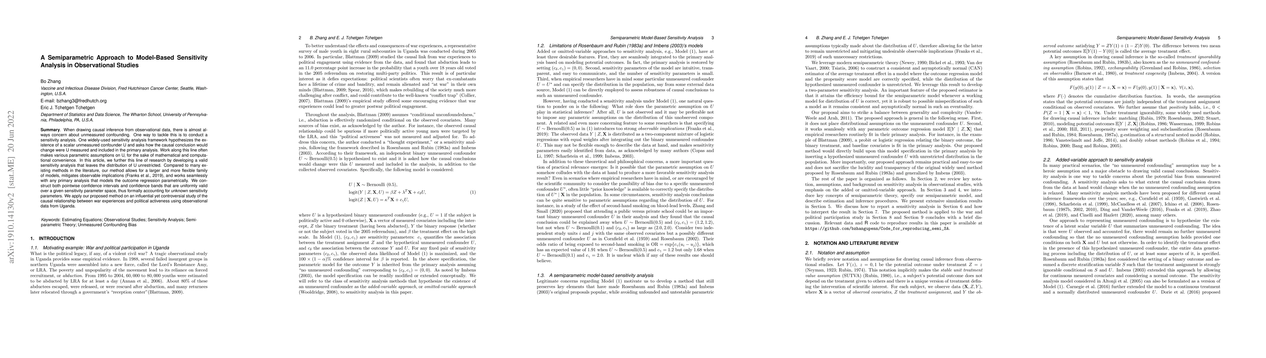 Thumbnail for A Semiparametric Approach to Model-based Sensitivity Analysis in
  Observational Studies