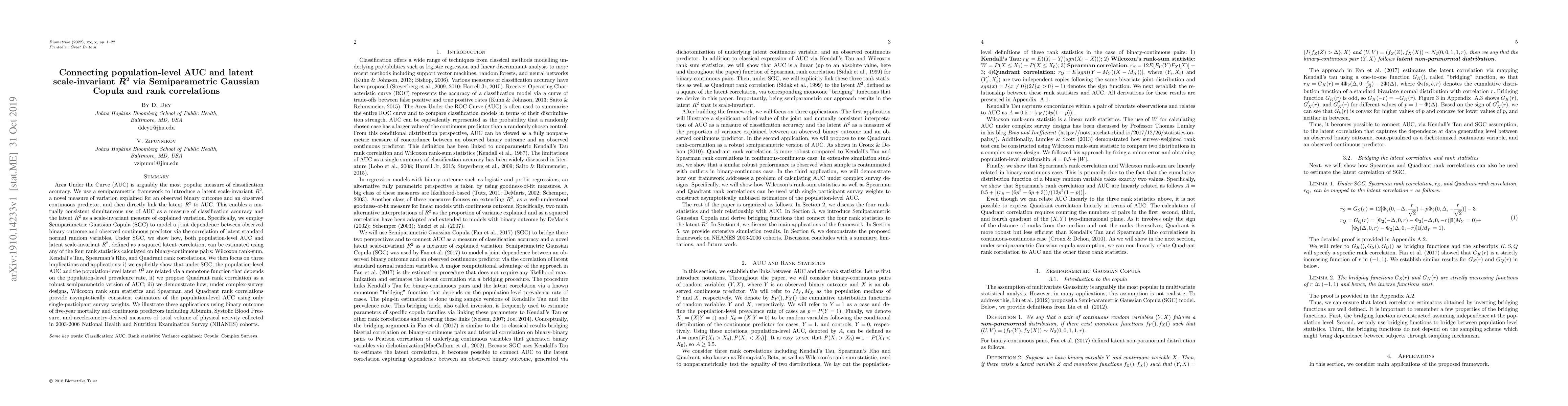 Thumbnail for Connecting population-level AUC and latent scale-invariant $R^2$ via
  Semiparametric Gaussian Copula and rank correlations