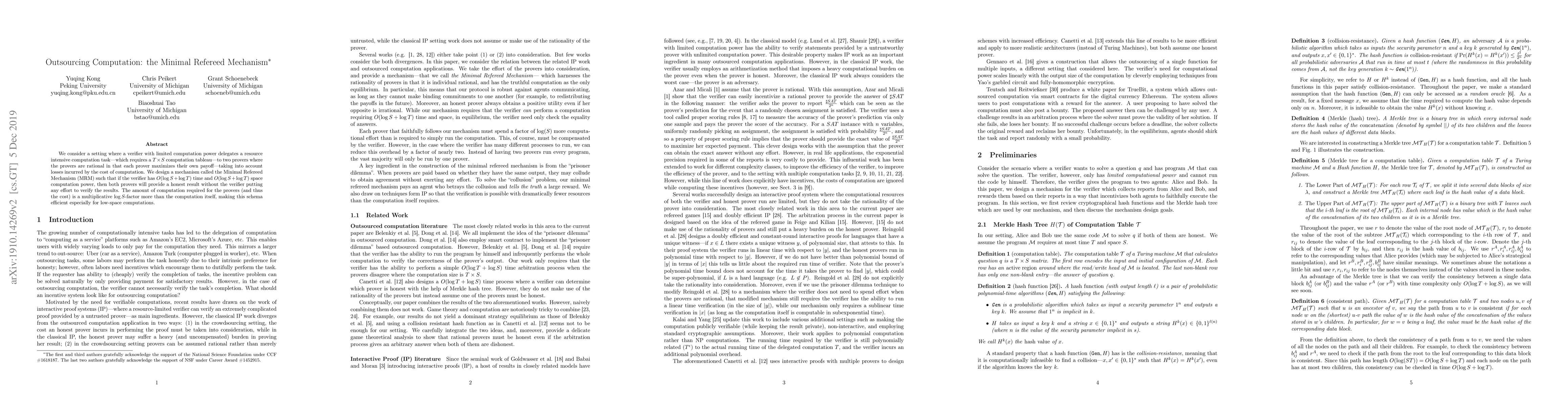 Thumbnail for Outsourcing Computation: the Minimal Refereed Mechanism