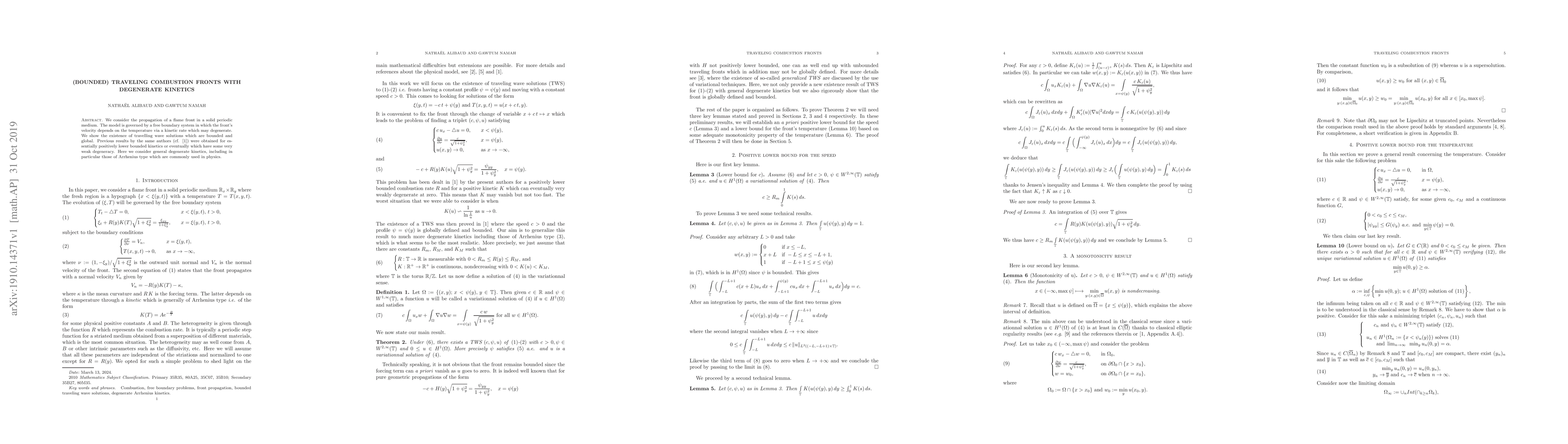 Thumbnail for (Bounded) Traveling Combustion Fronts With Degenerate Kinetics