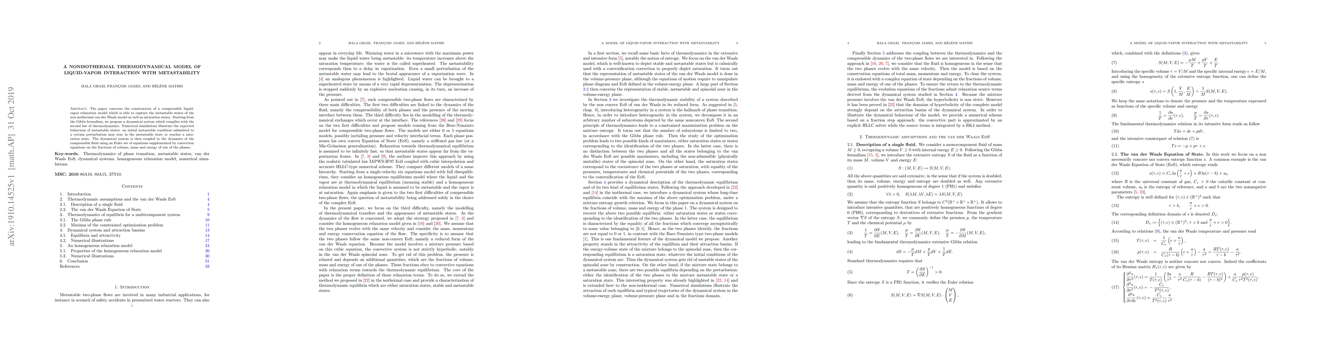 Thumbnail for A Nonisothermal Thermodynamical Model Of Liquid-vapor Interaction With
  Metastability