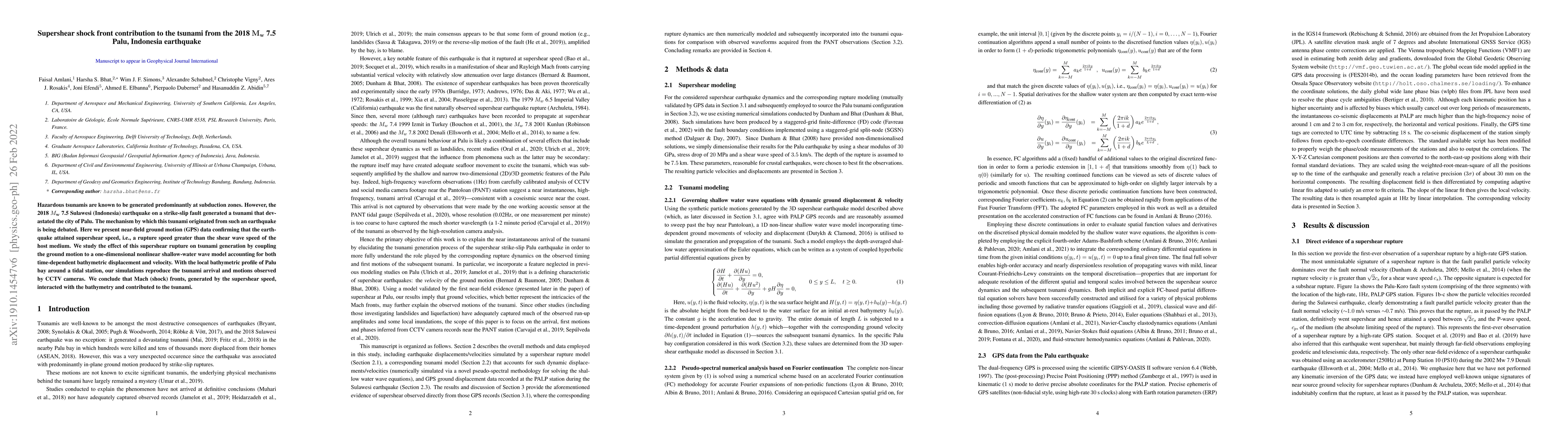 Thumbnail for Supershear shock front contribution to the tsunami from the 2018
  $\mathbf M_{\mathbf w}$ 7.5 Palu, Indonesia earthquake