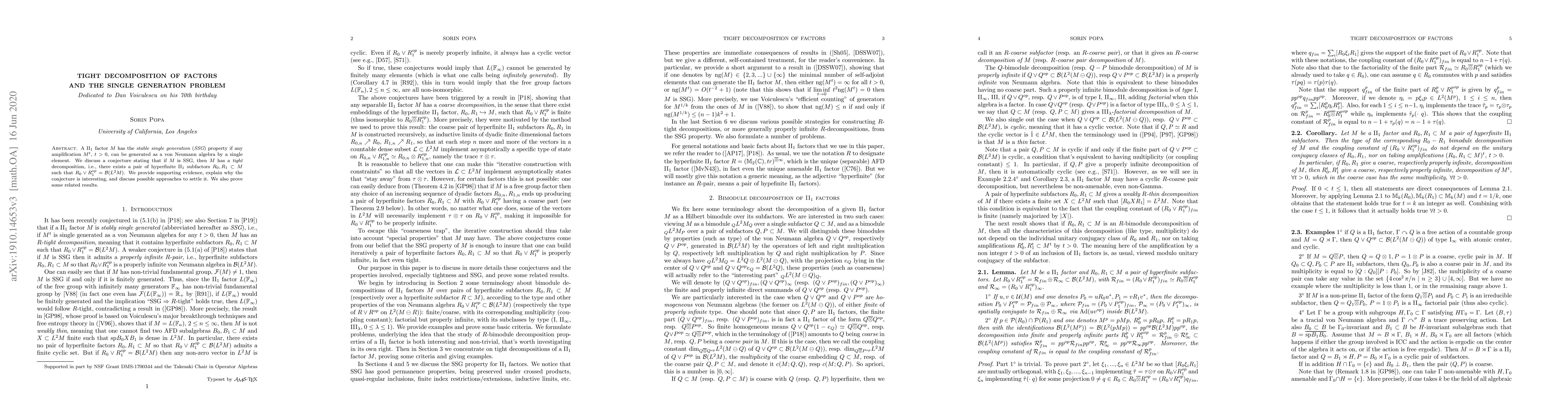 Thumbnail for Tight decomposition of factors and the single generation problem