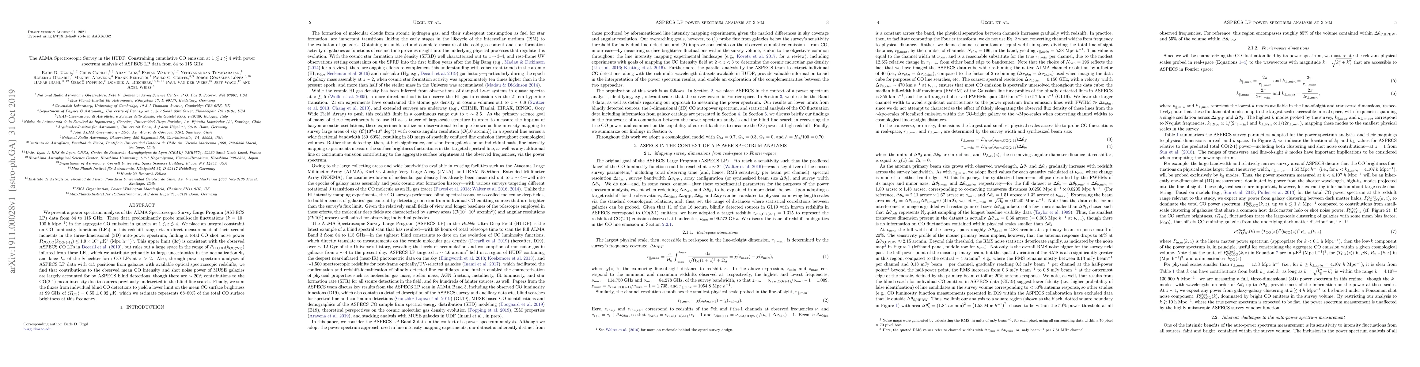 Thumbnail for The ALMA Spectroscopic Survey in the HUDF: Constraining cumulative CO
  emission at $1 \lesssim z \lesssim 4$ with power spectrum analysis of ASPECS
  LP data from 84 to 115 GHz