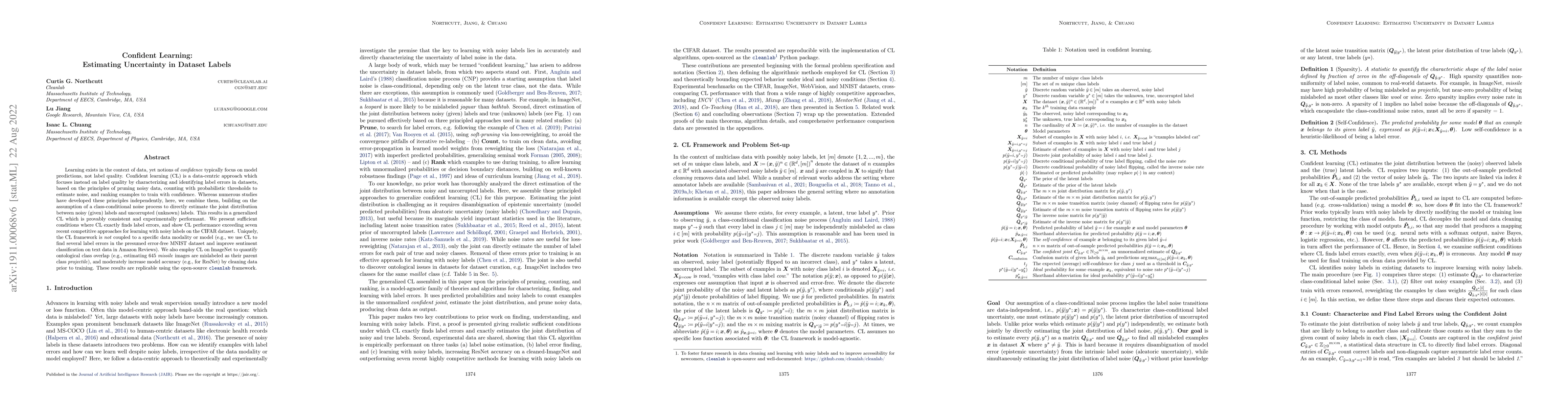 Thumbnail for Confident Learning: Estimating Uncertainty in Dataset Labels