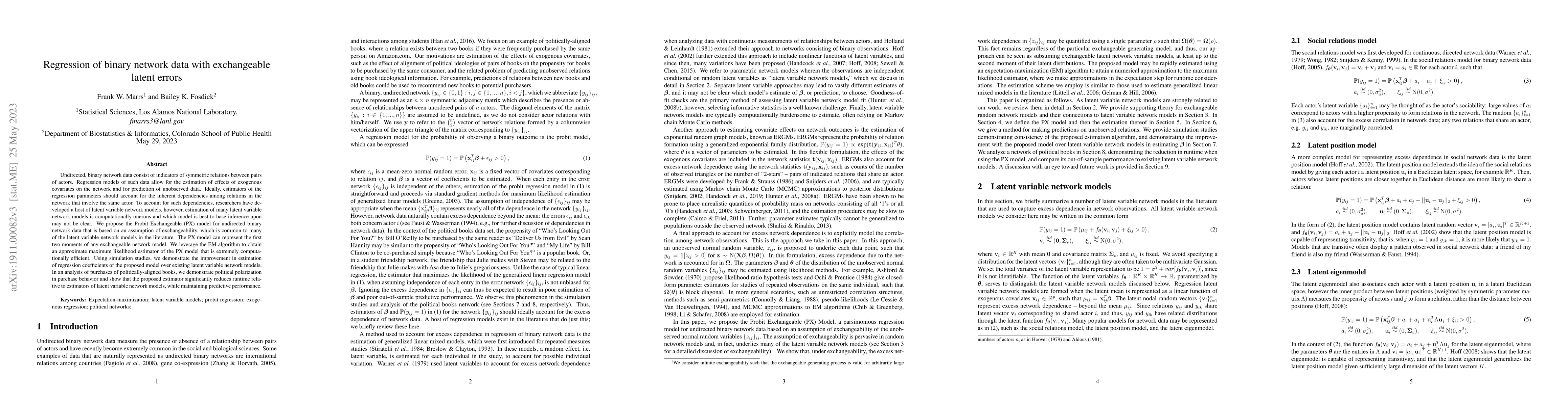 Thumbnail for Regression of binary network data with exchangeable latent errors