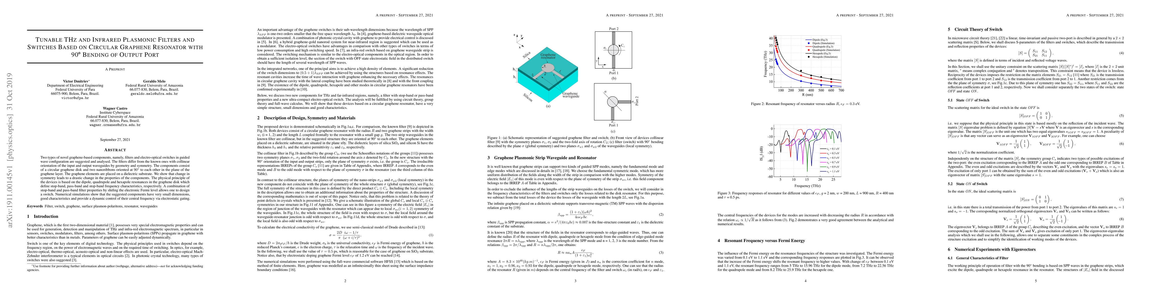 Thumbnail for Tunable THz and infrared plasmonic filter and switches based on circular
  graphene resonator with 90{\deg} bending of output port