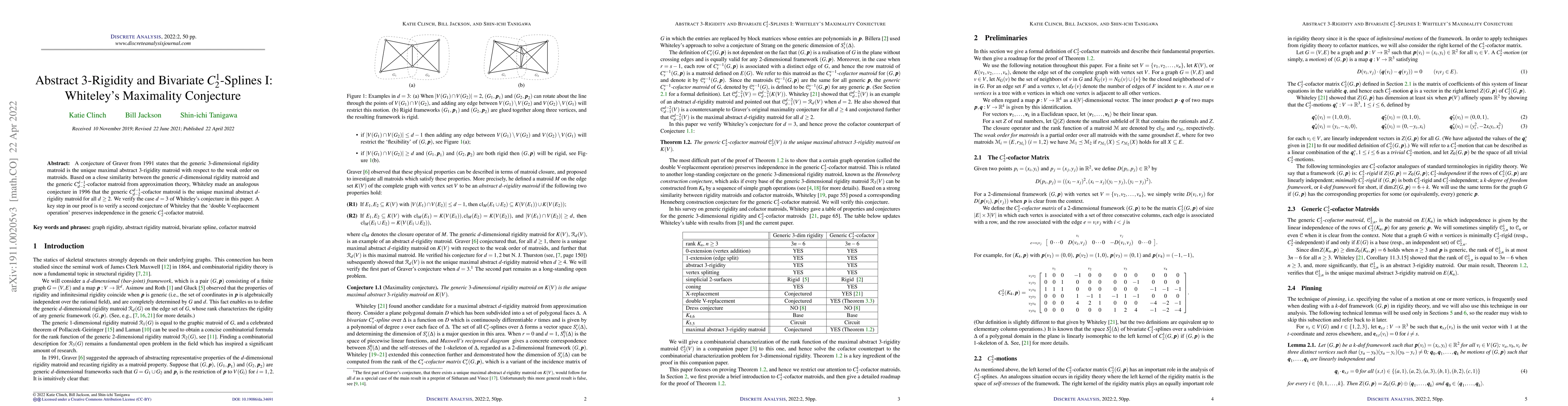 Thumbnail for Abstract 3-Rigidity and Bivariate $C_2^1$-Splines I: Whiteley's
  Maximality Conjecture
