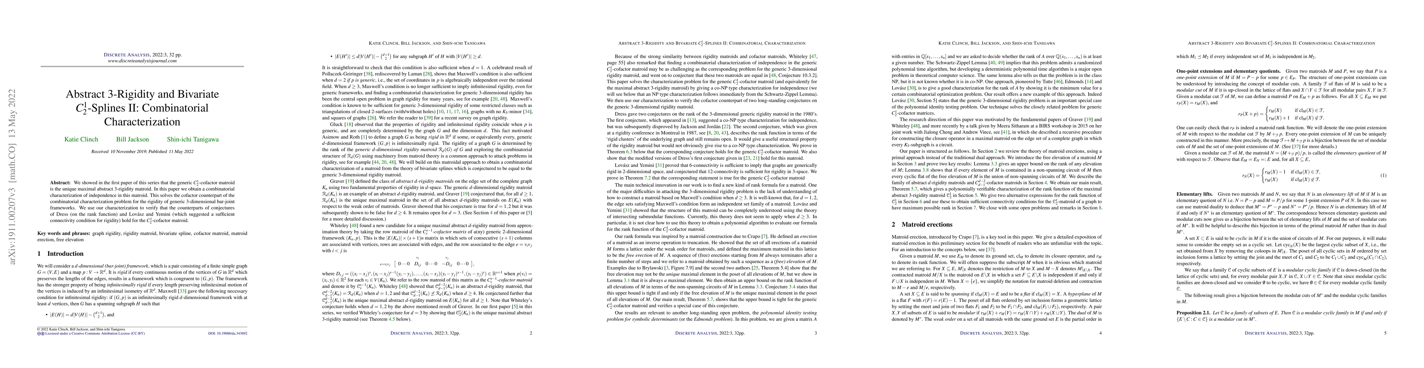 Thumbnail for Abstract 3-Rigidity and Bivariate $C_2^1$-Splines II: Combinatorial
  Characterization
