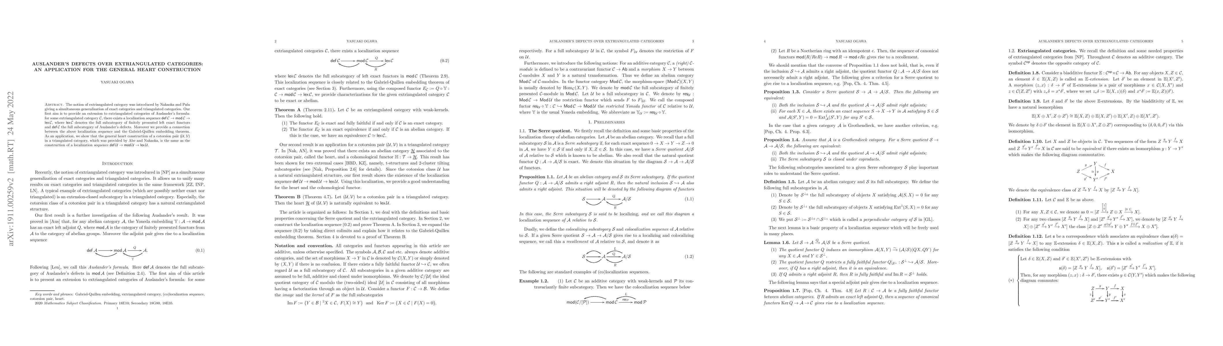 Thumbnail for Auslander's defects over extriangulated categories: an application for
  the General Heart Construction