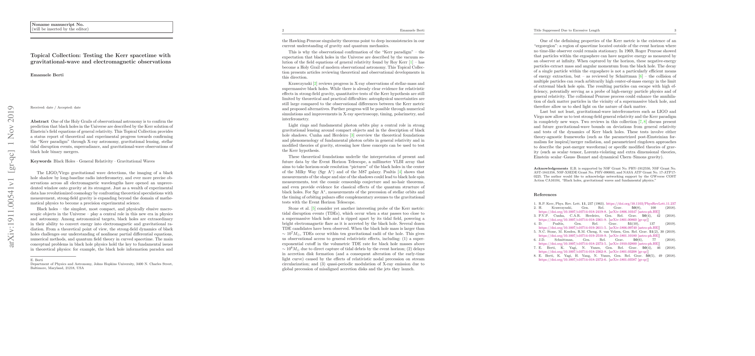 Thumbnail for Topical Collection: Testing the Kerr spacetime with gravitational-wave
  and electromagnetic observations