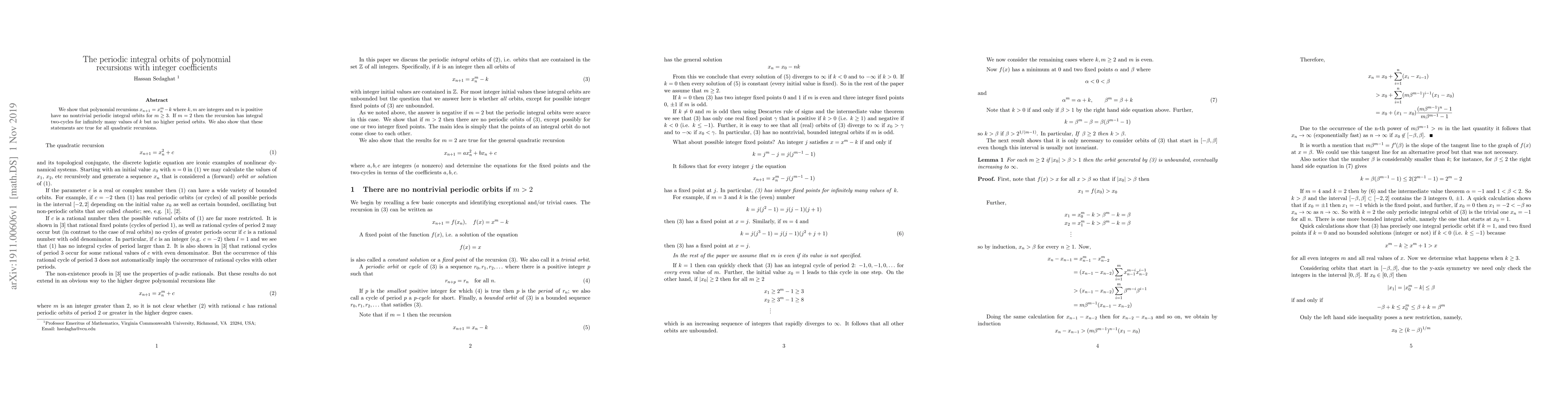 Thumbnail for The periodic integral orbits of polynomial recursions with integer
  coefficients