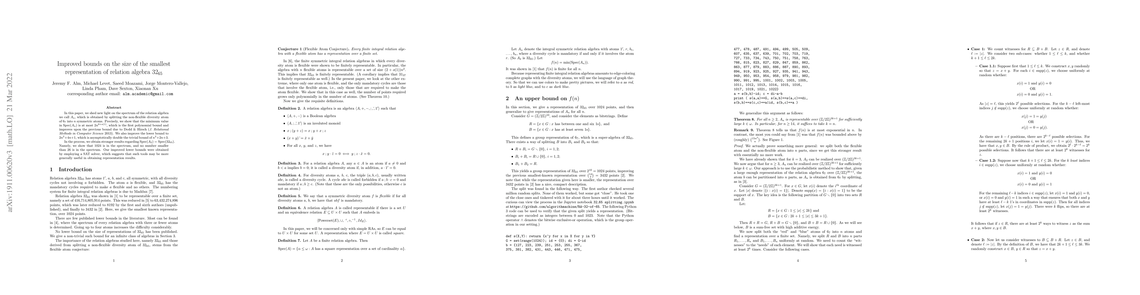 Thumbnail for Improved bounds on the size of the smallest representation of relation
  algebra $32_{65}$