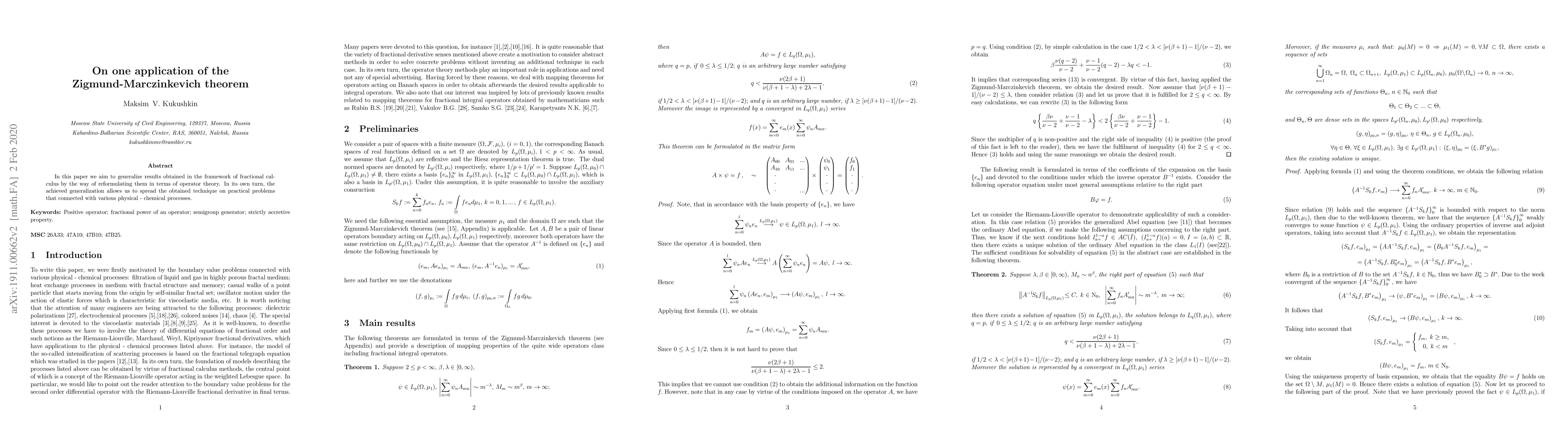 Thumbnail for On one application of the Zigmund-Marczinkevich theorem