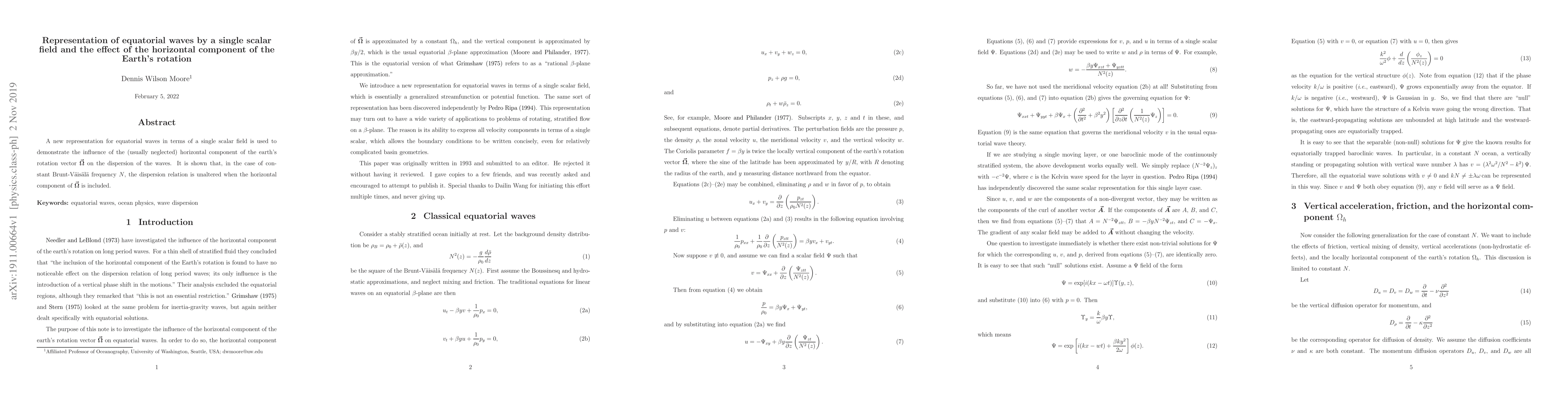 Thumbnail for Representation of equatorial waves by a single scalar field and the
  effect of the horizontal component of the Earth's rotation