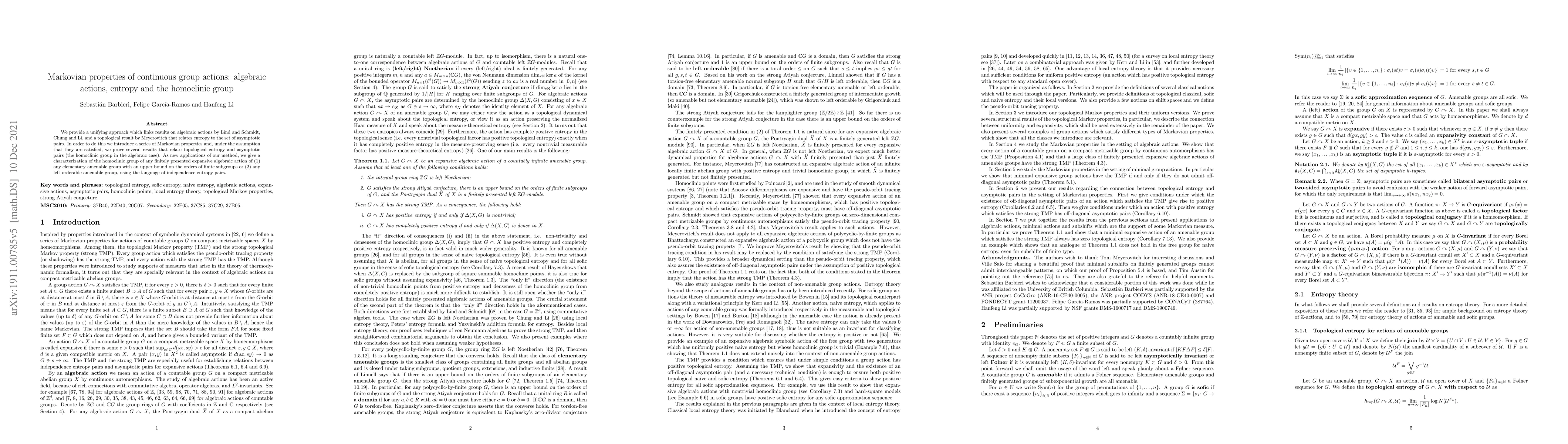 Thumbnail for Markovian properties of continuous group actions: algebraic actions,
  entropy and the homoclinic group