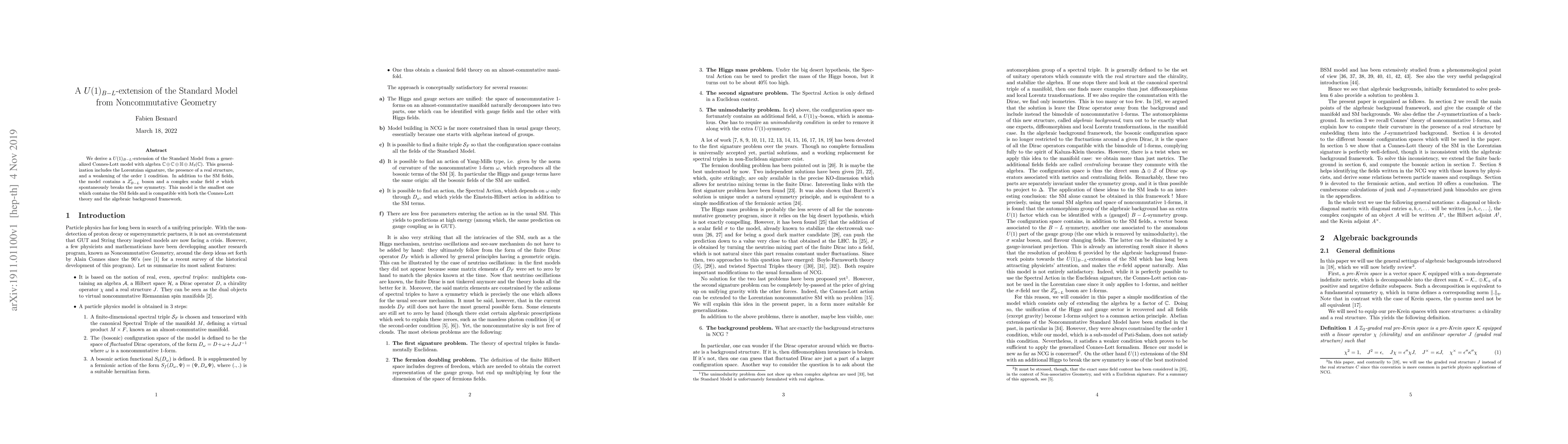 Thumbnail for A $U(1)_{B-L}$-extension of the Standard Model from Noncommutative
  Geometry