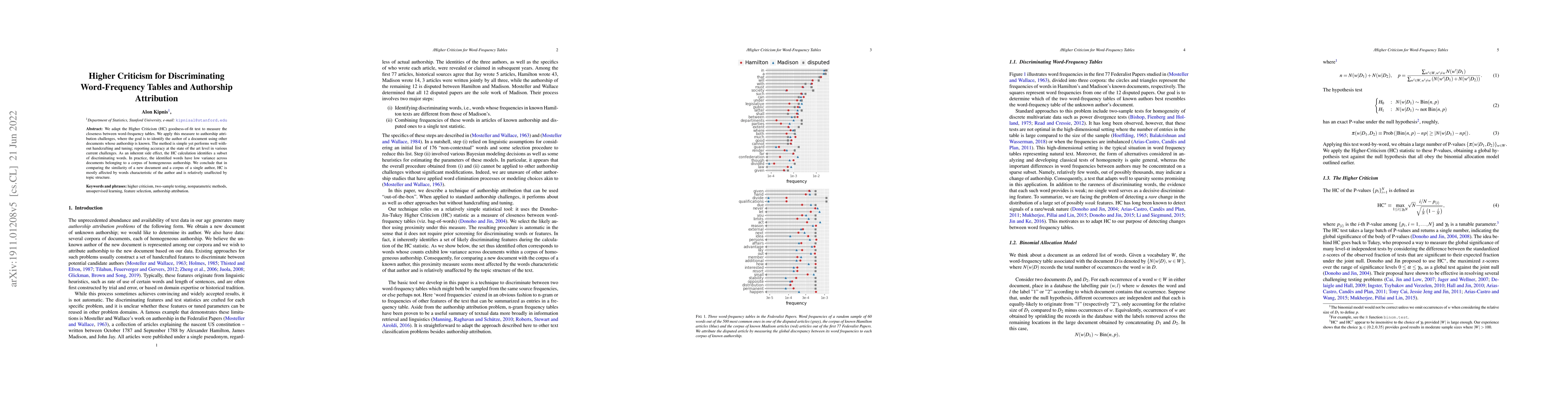 Thumbnail for Higher Criticism for Discriminating Word-Frequency Tables and Testing
  Authorship