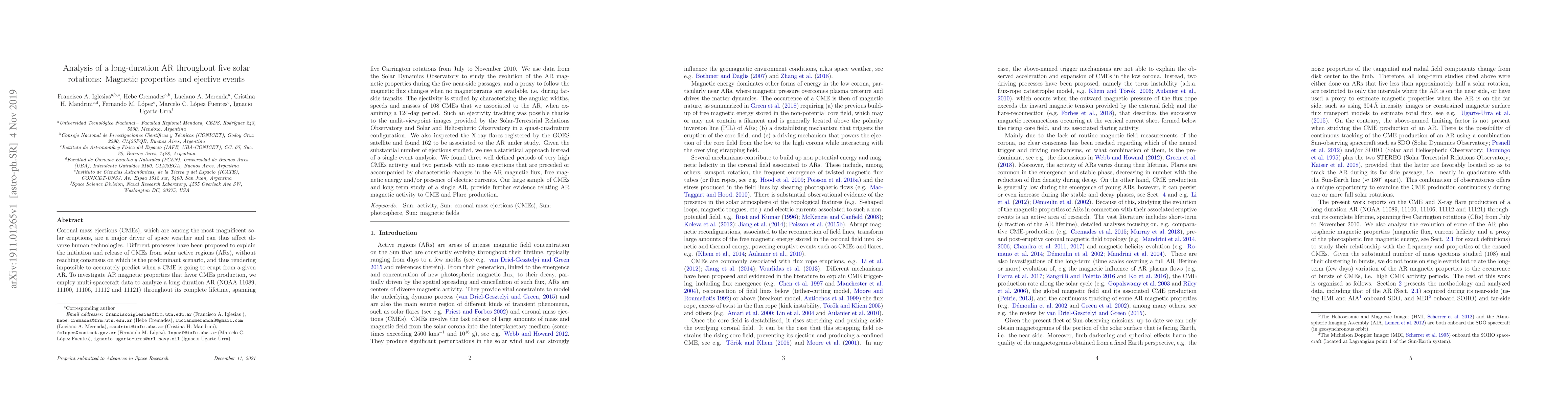 Thumbnail for Analysis of a long-duration AR throughout five solar rotations: Magnetic
  properties and ejective events