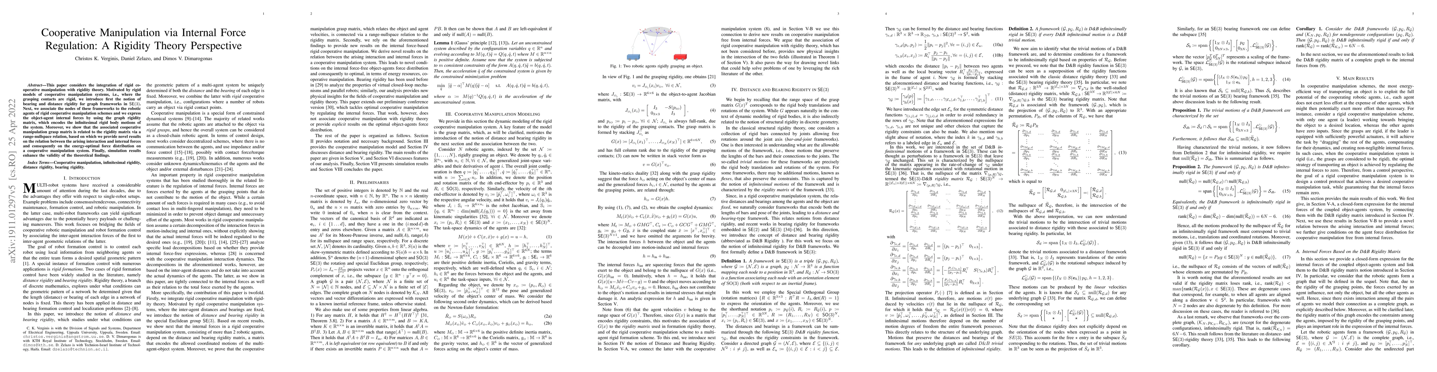 Thumbnail for Cooperative Manipulation via Internal Force Regulation: A Rigidity
  Theory Perspective
