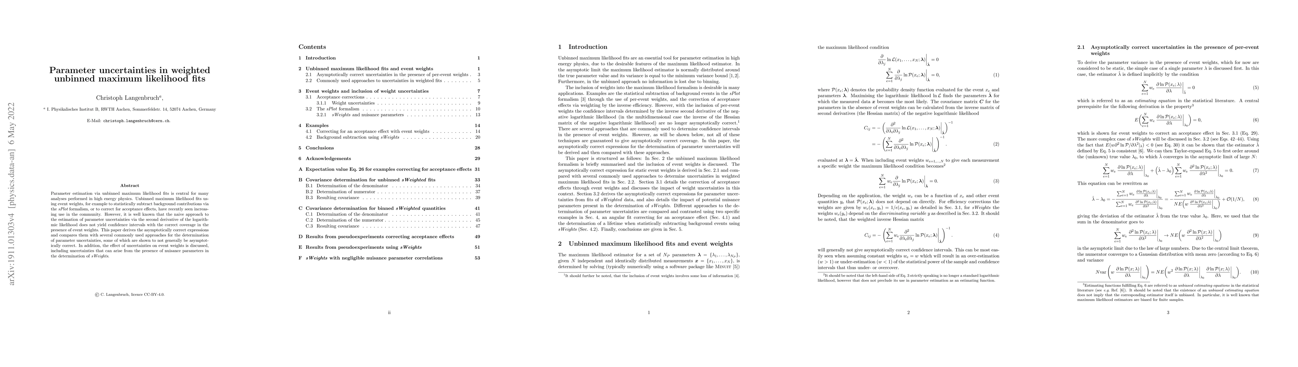 Thumbnail for Parameter uncertainties in weighted unbinned maximum likelihood fits