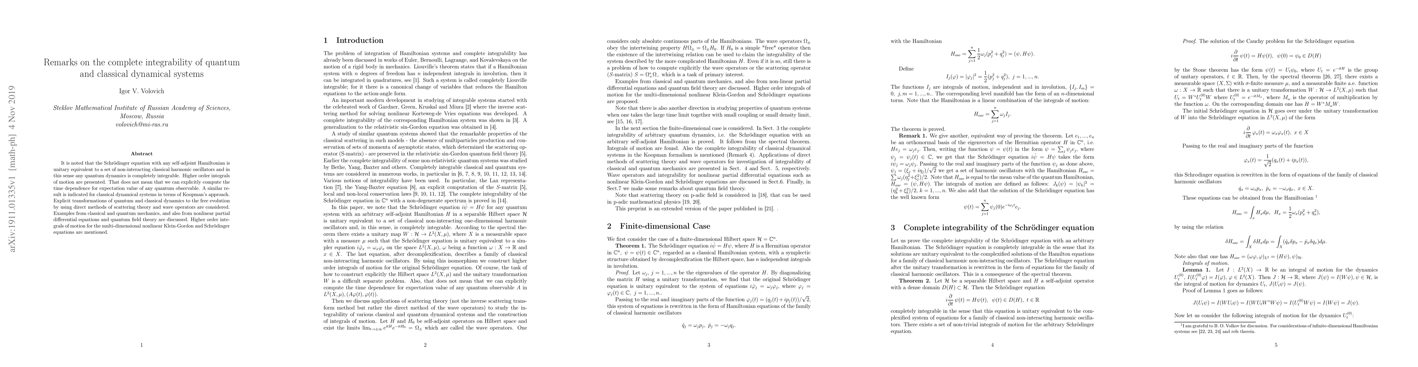 Thumbnail for Remarks on the complete integrability of quantum and classical dynamical
  systems